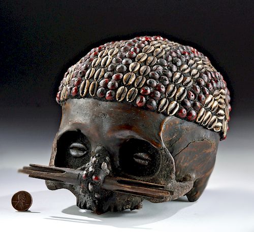 Early 20th C. Asmat Skull w/ Beads, Wood, & Shells