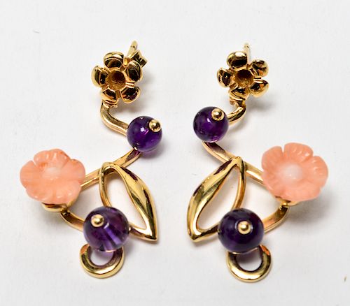 14K Gold Coral & Amethyst Earrings, Pair