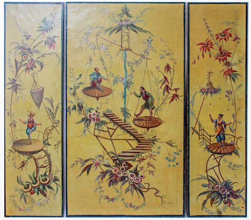 French Art Deco Orientalist 3 Panels Oil on Canvas
