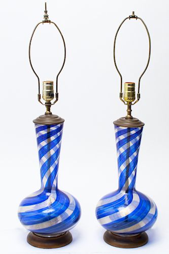 Murano Venetian Blue Swirl Glass Table Lamps, Pair
