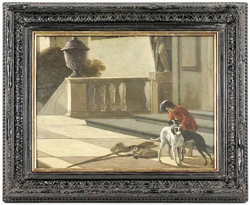 19th C. Oil on Wood Panel, Courtly Man w/ Hounds