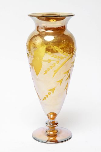 Iridescent Floral Etched Art Glass Vase