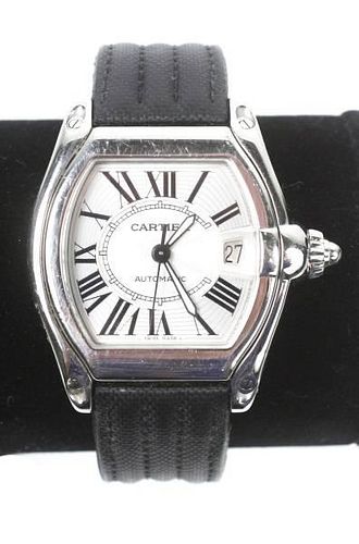 Men's Cartier Roadster Steel Watch w/Black Band