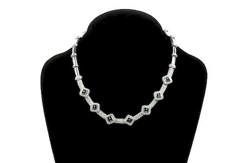Italian 18k White Gold, Emerald & Diamond Necklace