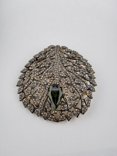 Custom Floral Moldavite & Diamond Brooch