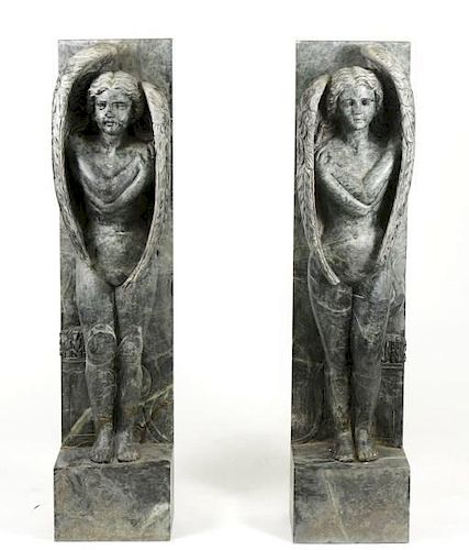 Pair of Carved Marble Angel Garden Sculptures