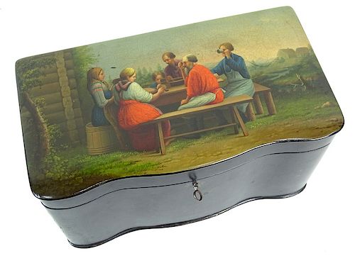 A Russian Lacquer Shaped Locking Tea Caddy "Dinner