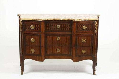 French Marble Top Ebonized Inlaid 3 Drawer Commode