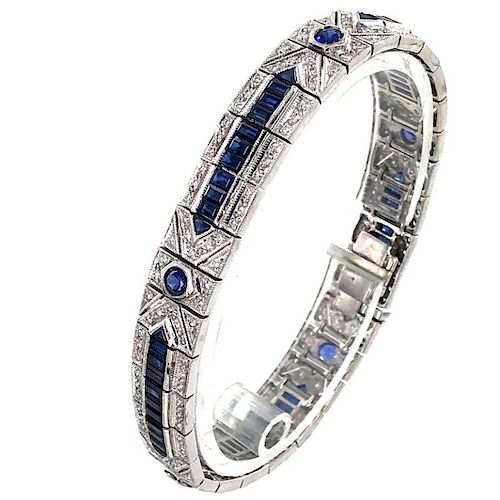 1940's Diamond Sapphire 18k White Gold Bracelet