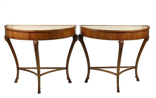 Pair of Marble Top, Walnut Demilune Console Tables