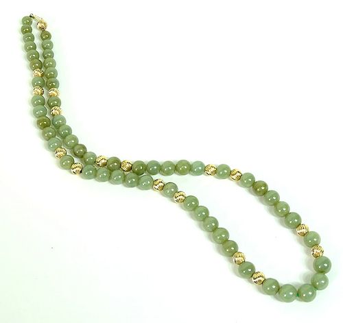 14 Karat Yellow Gold Beaded Jade Carved Necklace.