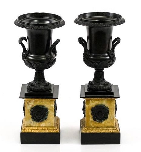 Pair of Bronze & Marble Urns w/Bacchanalian Masks