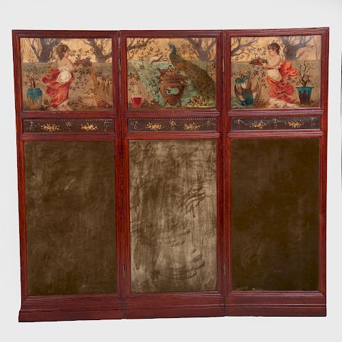 American Aesthetic Movement Oak and Polychrome Painted Three-Panel Screen, Attributed to Herter Brothers, New York
