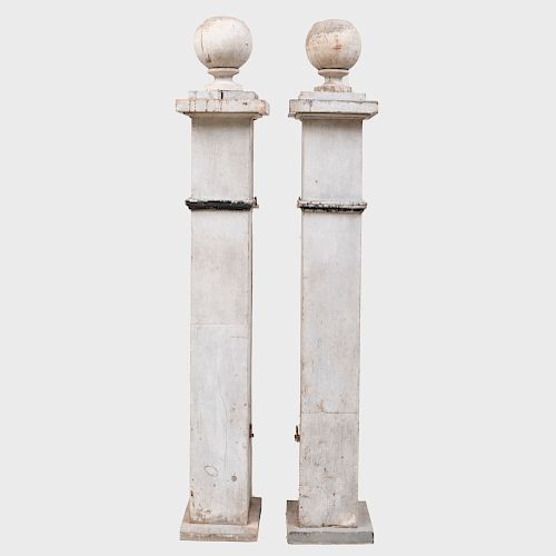 Pair of White Painted Gate Posts with Ball Finials