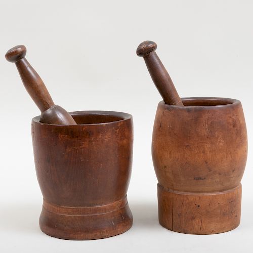 Two Carved Wood Mortars and Two Pestles