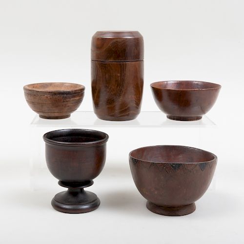 Group of Two Treen Articles and Three Bowls