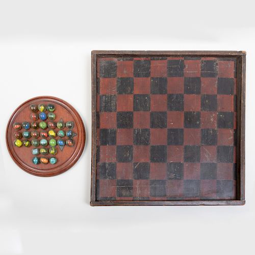 Folk Art Painted Wood Checkerboard and a Marble Solitaire Game