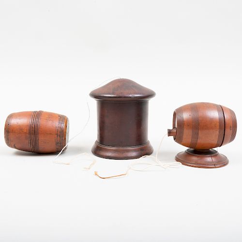 Two Carved Wood String Jacks and a Barrel Form Box