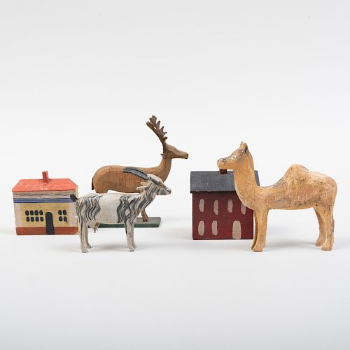Folk Art Painted Wood Models of Animals and Houses