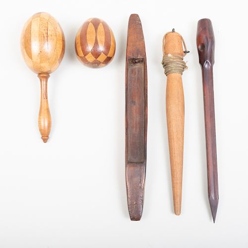 Group of Five Carved Wood Textile Tools