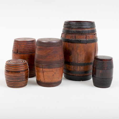 Group of Five Carved Treen Barrel Form Boxes