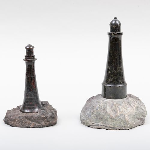 Two Mable Models of Marble Lighthouses on Stone Bases