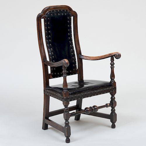 William and Mary Style Maple "Leather-Back" Armchair