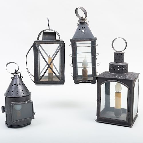 Group of Four Painted Tin and Glass Lanterns