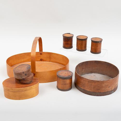 Group of Shaker Style Banded Baskets, Boxes and Spice Containers