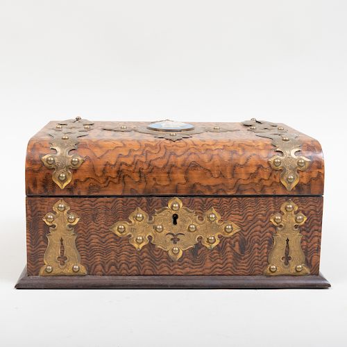 Baroque Style Brass-Mounted Calamander Work Box Mounted with a Porcelain Plaque