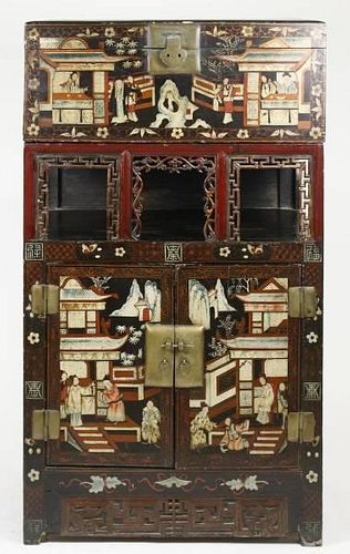 Chinese Export Lacquered Wedding Chest on Cabinet