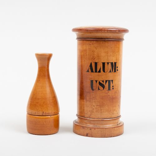 Wood Apothecary Jar 'Alum: Ust:' and Bottle Shaped Box