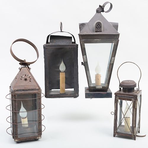 Group of Four Tin and Glass Lanterns