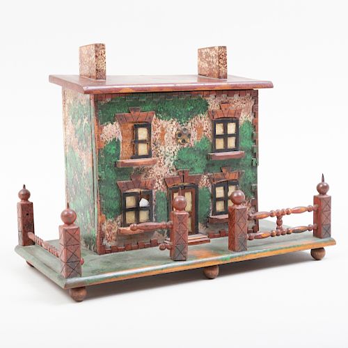 Folk Art Painted Wood Coin Bank in the Form of a House