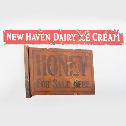 Printed Metal Honey Trade Sign and an Enameled Metal Ice Cream Trade Sign 
