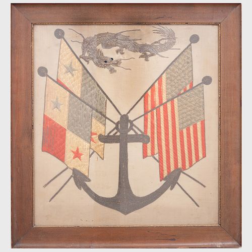 Japanese Export Embroidered Textile of Flags, an Anchor, and a Dragon