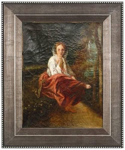 19th C. French Beaux Arts Oil, Woman in Garden