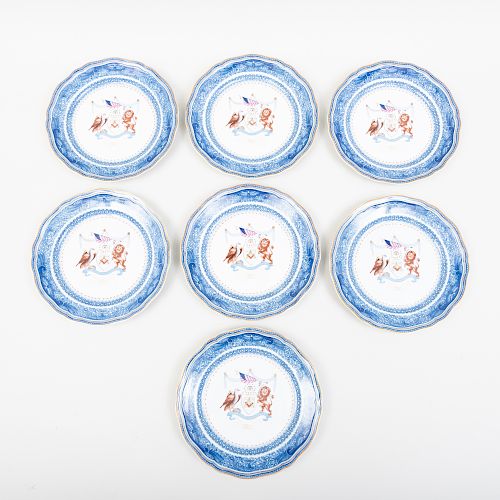 Set of Seven Mottahedeh Porcelain Plates Transfer Printed with Holland Lodge no. 8 Armorial