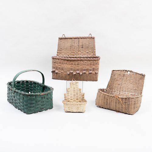 Group of Three Wall Baskets and a Green Painted Splint Basket