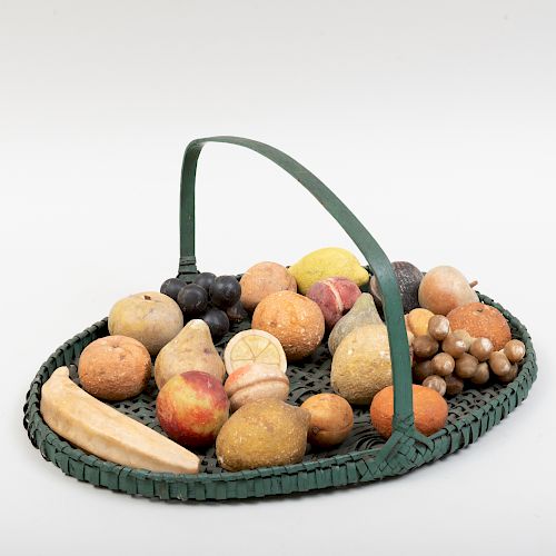 Collection of Painted Stone and Marble Fruit in a Painted Green Basket