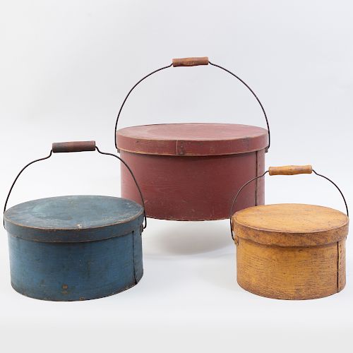 Three American Painted Wood Circular Boxes and Covers with Metal Swing Bale Handles
