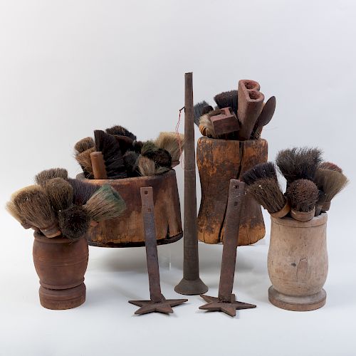 Large Group of Assorted Brushes in Four Wood Vessels