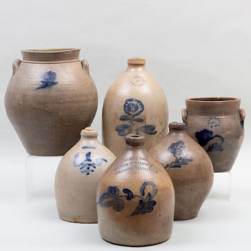Group of Four American Salt Glazed Stoneware Jugs and Two Crocks
