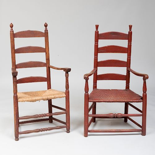 Two Red Painted Ladder Back Chairs