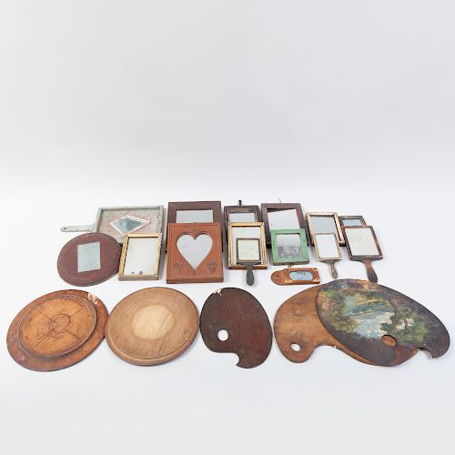 Group of Fifteen Small Mirrors, Three Artist Palettes, and Two Bread Trays
