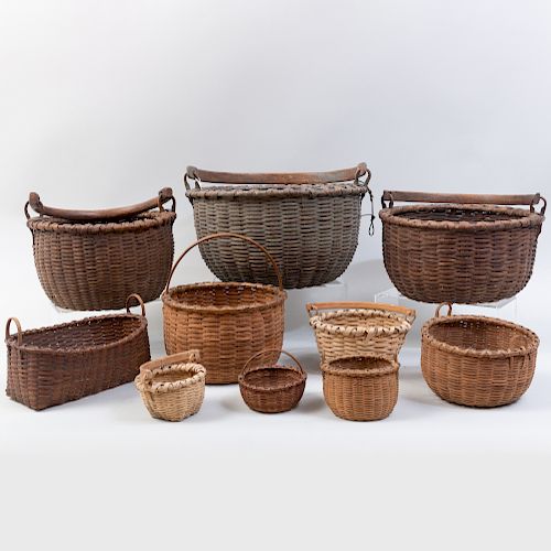 Group of Five Baskets with Swing Bale Handles, Three New England Splint Baskets, and Two Baskets with Fixed Handles