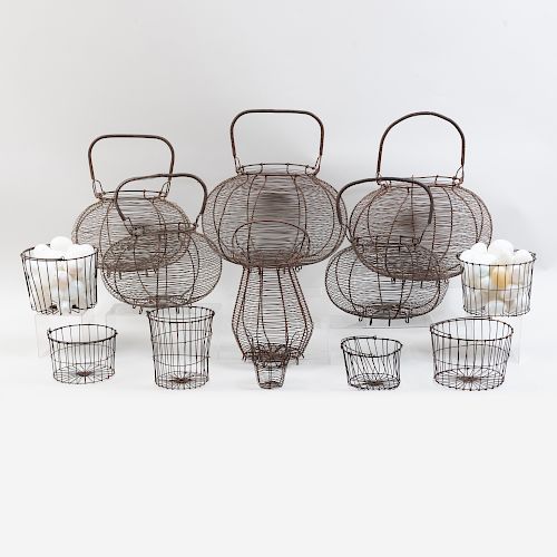 Seven Wirework Onion Baskets, Six Wirework Pails and a Group of Sixty-Five Glass Eggs