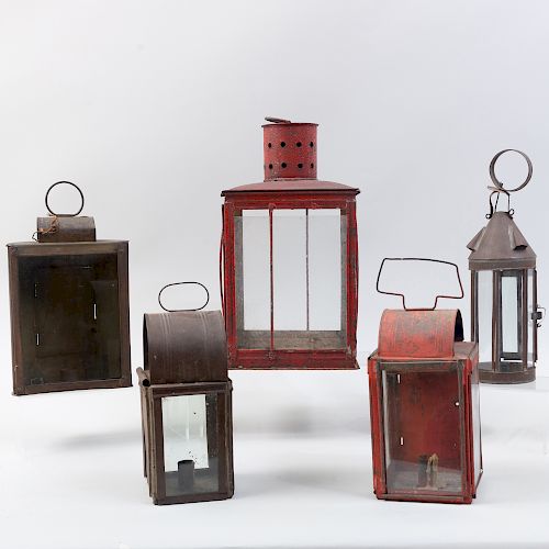 Group of Five Tin and Glass Candle Lanterns