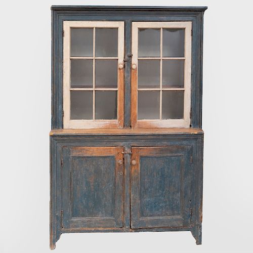 Hudson Valley Blue-Grey Painted and Glazed Cupboard