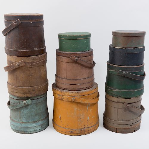 Group of Three Painted Wood Boxes and Covers and Eight Circular Firkins 